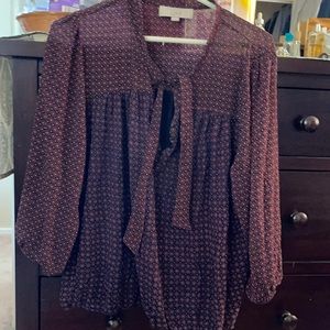 LOFT mixed media top with button and tie front